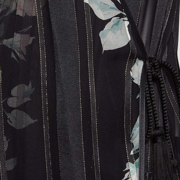 Pre Owned Alessandra Rich Black Floral Print Lurex Silk Maxi Wrap Dress M