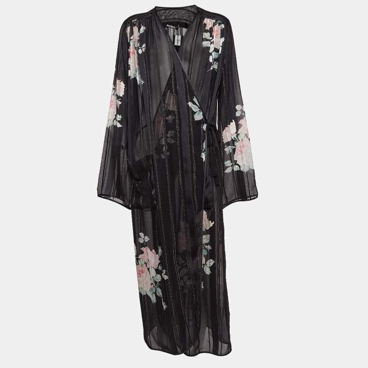 Pre Owned Alessandra Rich Black Floral Print Lurex Silk Maxi Wrap Dress M