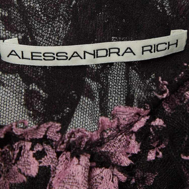 Pre Owned Alessandra Rich Black Floral Lace Ruffled Mid Dress M