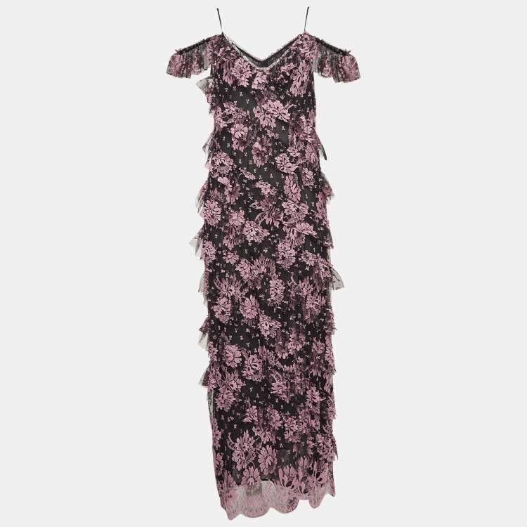 Pre Owned Alessandra Rich Black Floral Lace Ruffled Mid Dress M