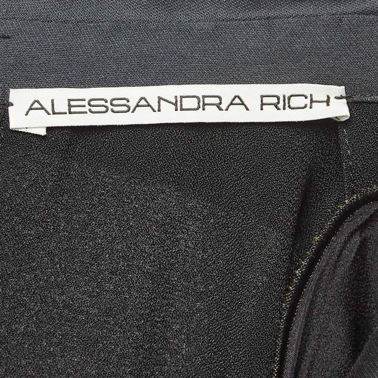 Pre Owned Alessandra Rich Black Satin Trim Crepe Hollywood Crystal Detail Maxi Dress M