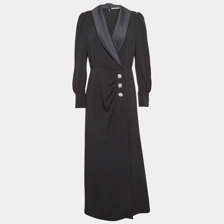 Pre Owned Alessandra Rich Black Satin Trim Crepe Hollywood Crystal Detail Maxi Dress M