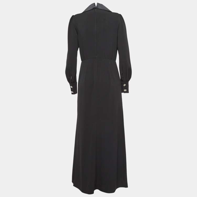 Pre Owned Alessandra Rich Black Satin Trim Crepe Hollywood Crystal Detail Maxi Dress M