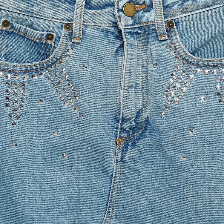 Pre Owned Alessandra Rich Blue Embellished Denim Mini Skirt S Waist 26"