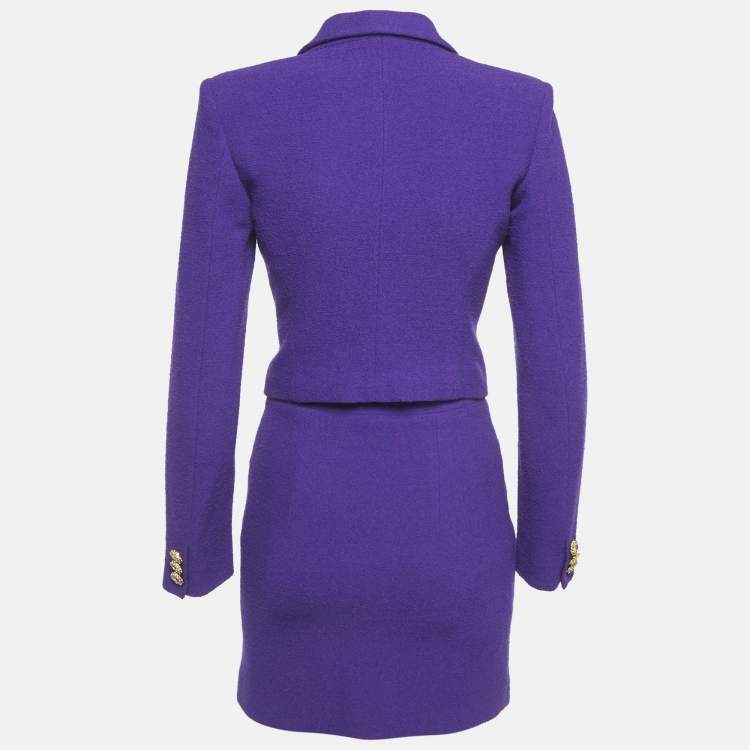 Pre Owned Alessandra Rich Purple Textured Wool Blazer & Skirt Set S