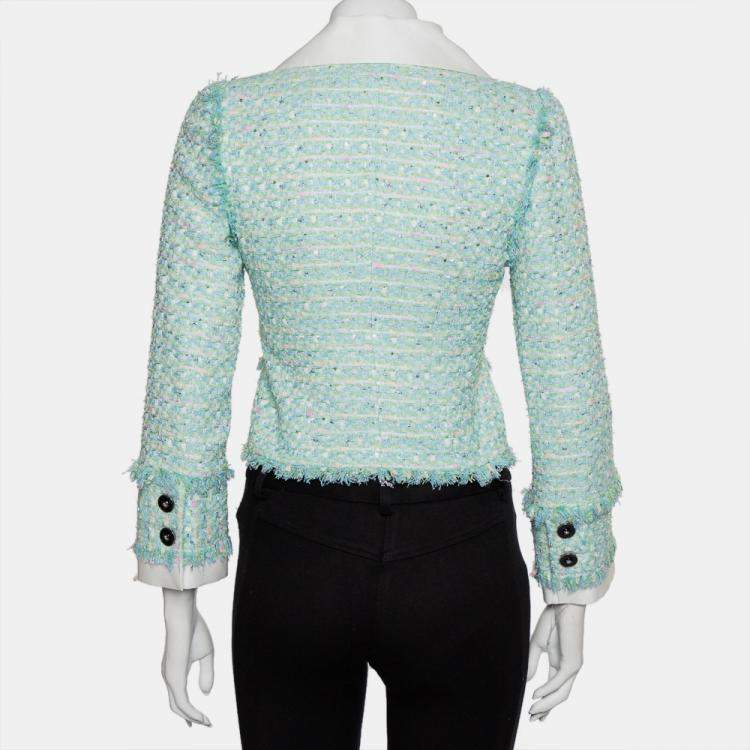 Pre Owned Alessandra Rich Aqua Green Tweed Button Front Cropped Jacket S