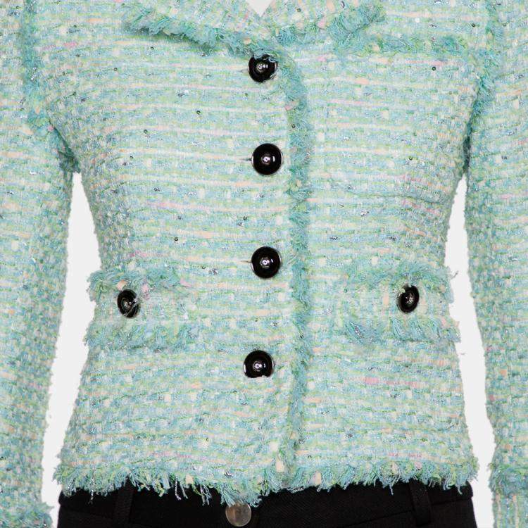 Pre Owned Alessandra Rich Aqua Green Tweed Button Front Cropped Jacket S