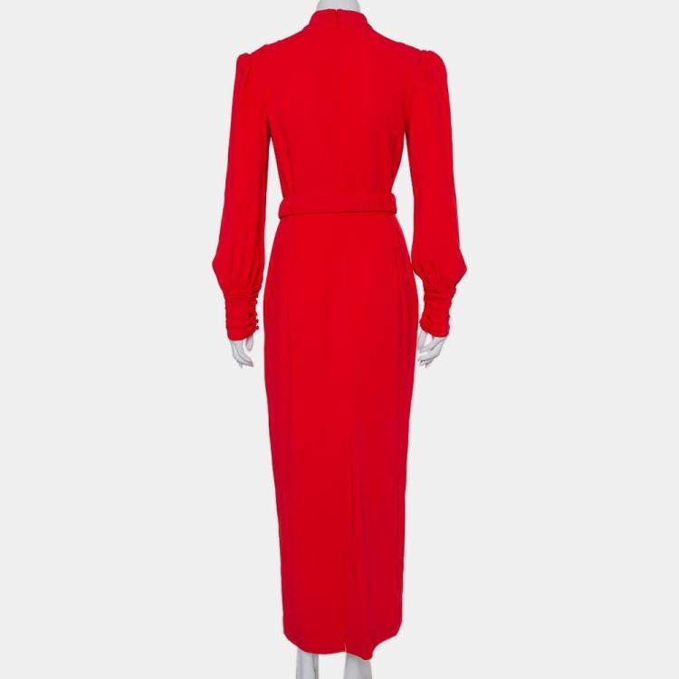Pre Owned Alessandra Rich Red Crepe Embellished Button Belted Gown M