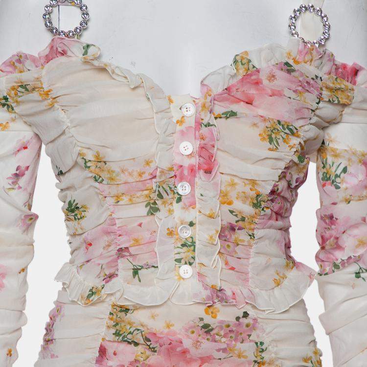 Pre Owned Alessandra Rich White Floral Printed Silk Ruched Cold Shoulder Maxi Dress M