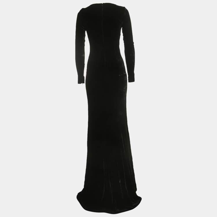 Alessandra Rich Black Velvet Cut Out Long Sleeve Slit Gown S