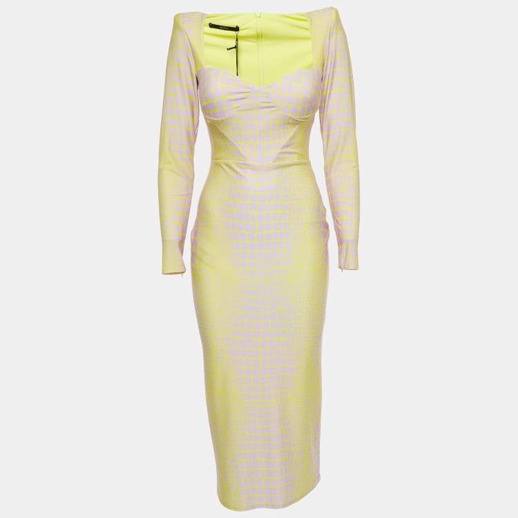 Pre Owned Alex Perry Yellow/Lilac Croc Print Jersey Midi Dress L