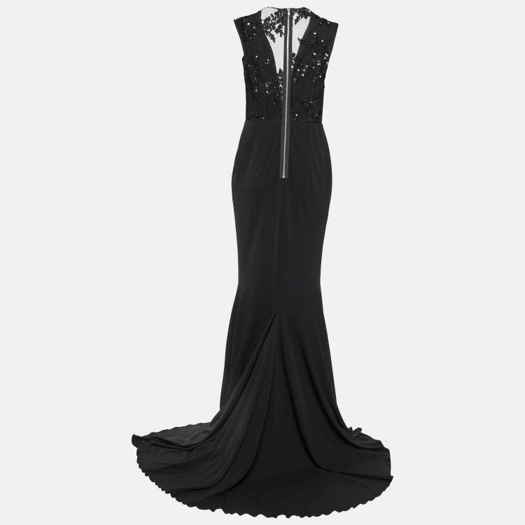 Pre Owned Alex Perry Black Embellished Jersey Sleeveless Gown L