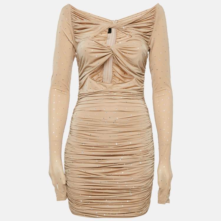 Pre Owned Alex Perry Beige Studded Jersey Ruched Dress and Leggings Set M