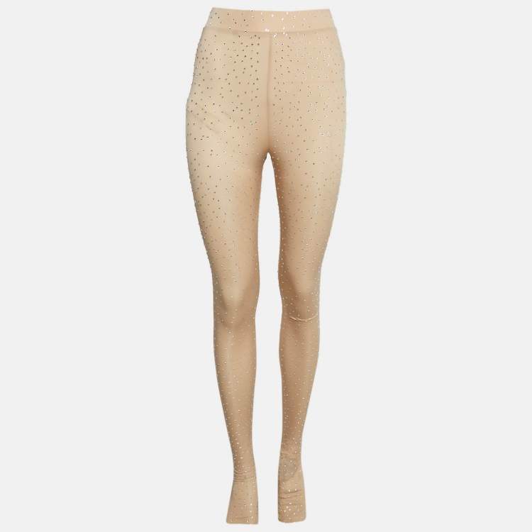 Pre Owned Alex Perry Beige Studded Jersey Ruched Dress and Leggings Set M