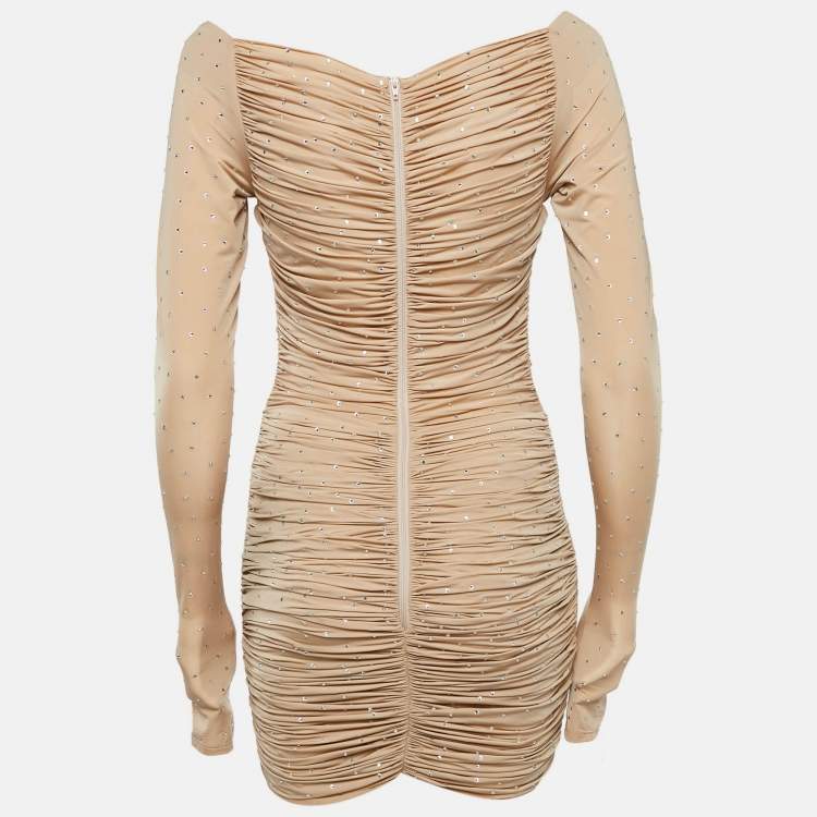 Pre Owned Alex Perry Beige Studded Jersey Ruched Dress and Leggings Set M
