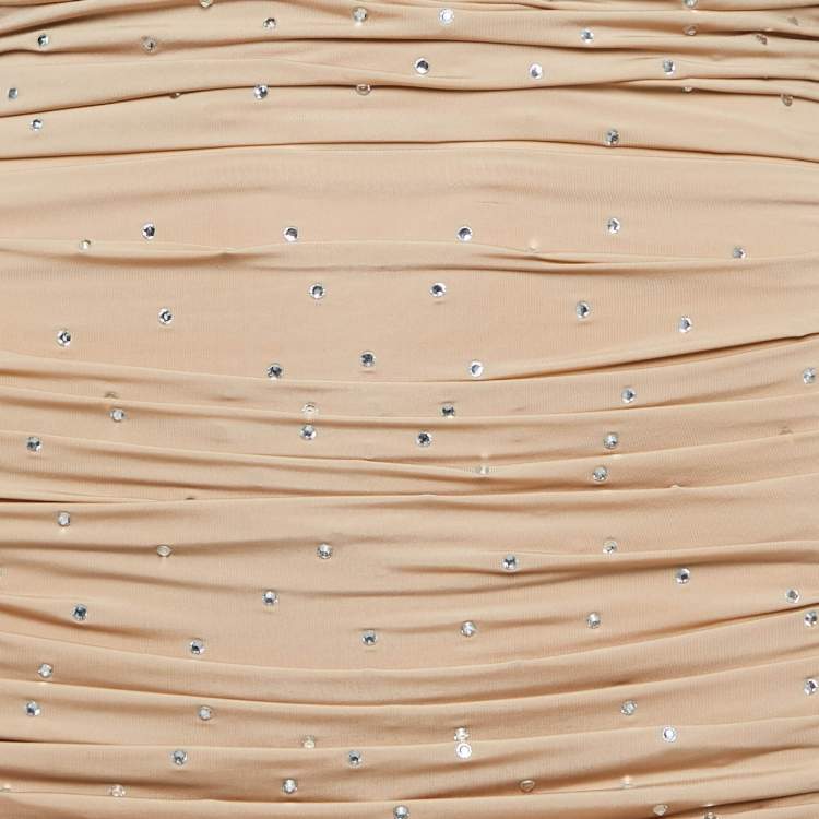 Pre Owned Alex Perry Beige Studded Jersey Ruched Dress and Leggings Set M
