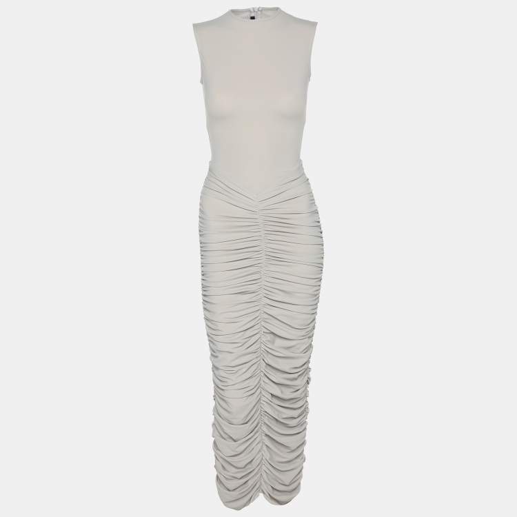 Pre Owned Alex Perry Grey Stretch Knit Ruched Column Long Dress S