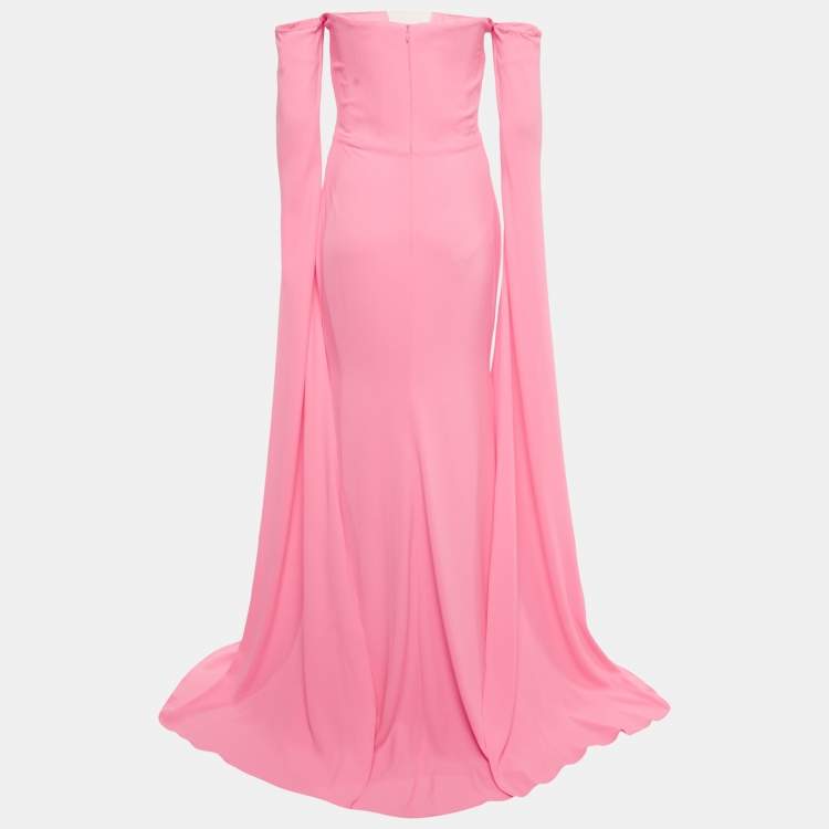 Pre Owned Alex Perry Neon Pink Crepe Strapless Shoulder Drape Crinoline Gown M  