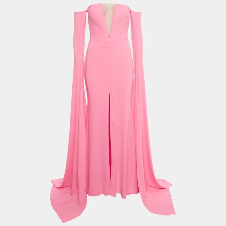Pre Owned Alex Perry Neon Pink Crepe Strapless Shoulder Drape Crinoline Gown M  