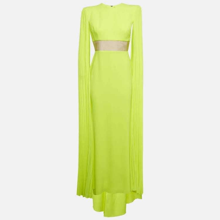 Pre Owned Alex Perry Neon Green Crepe Shoulder Drape Raina Maxi Dress M