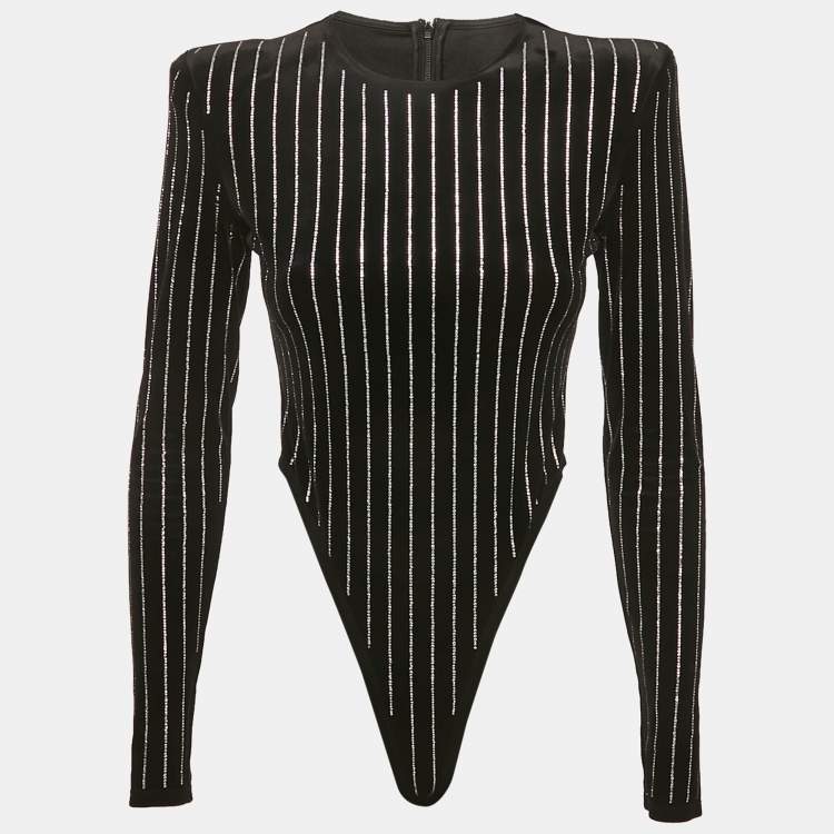 Pre Owned Alex Perry Black Rhinestone Striped Velvet Bodysuit M