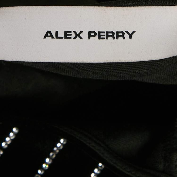 Pre Owned Alex Perry Black Rhinestone Striped Velvet Bodysuit M