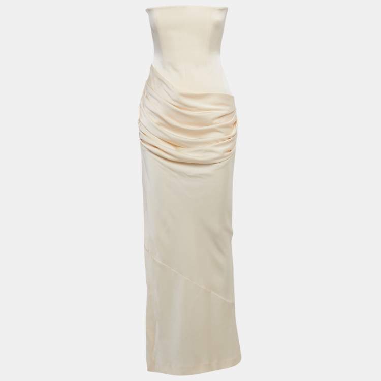 Pre Owned Alex Perry Butter Cream Crepe Strapless Draped Maxi Dress S