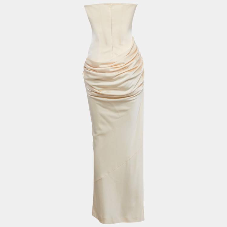 Pre Owned Alex Perry Butter Cream Crepe Strapless Draped Maxi Dress S
