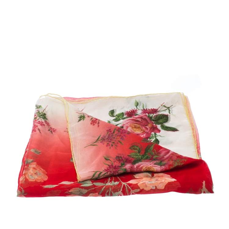 Pre Owned Alexander McQueen Ombre Red Botanical Print Silk Scarf 