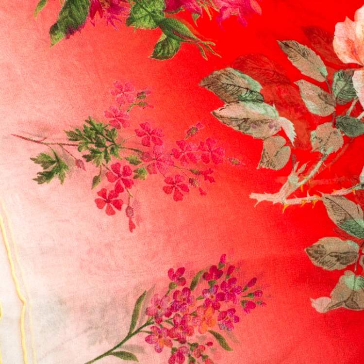 Pre Owned Alexander McQueen Ombre Red Botanical Print Silk Scarf 