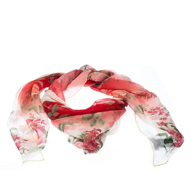 Pre Owned Alexander McQueen Ombre Red Botanical Print Silk Scarf 