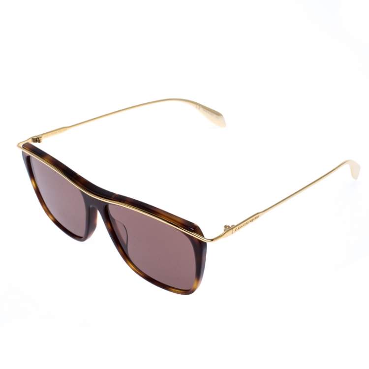 Pre Owned Alexander McQueen Gold/Brown Tortoise Smoke AM0143 Sunglasses 