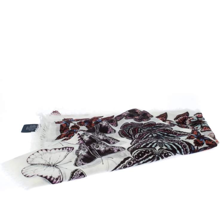 Pre Owned Alexander McQueen White Butterfly Metamorphosis Modal Wool Scarf