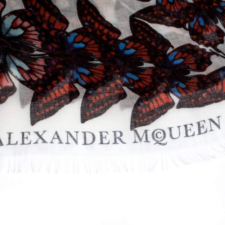 Pre Owned Alexander McQueen White Butterfly Metamorphosis Modal Wool Scarf