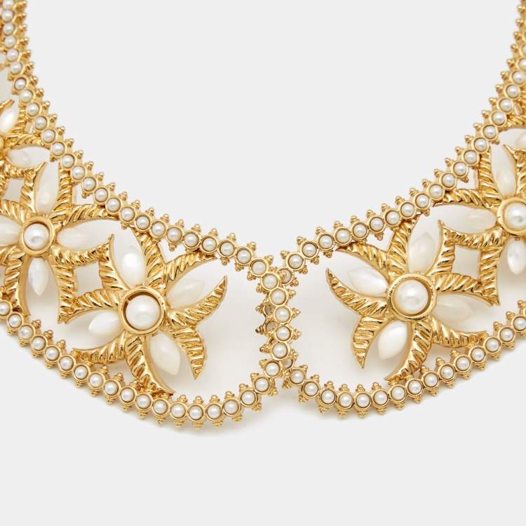 Pre Owned Alexander McQueen Faux Pearl Gold Tone Choker Necklace
