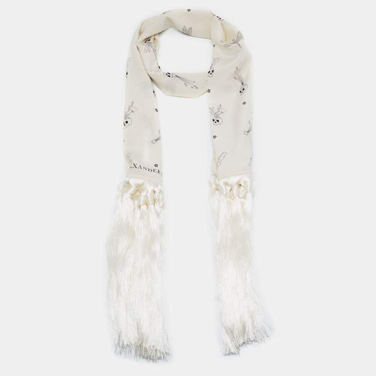 Pre Owned Alexander McQueen Off White Party Skull Printed Silk Fringed Stole