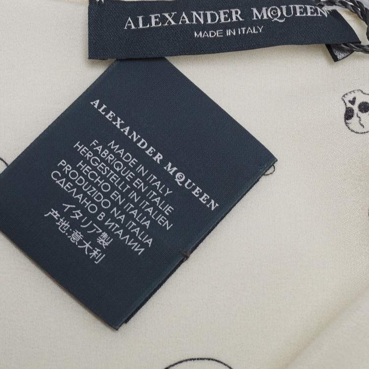 Pre Owned Alexander McQueen Off White Party Skull Printed Silk Fringed Stole