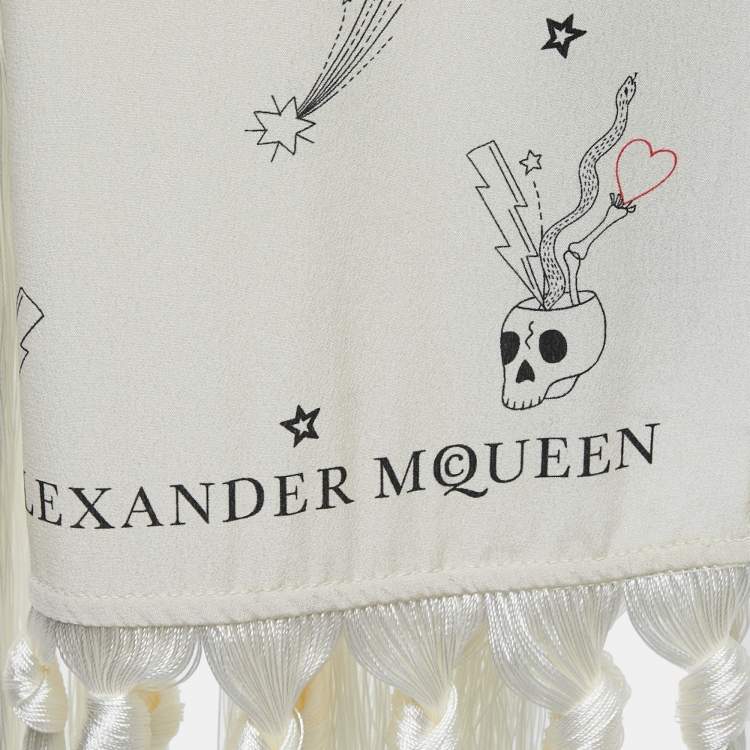 Pre Owned Alexander McQueen Off White Party Skull Printed Silk Fringed Stole