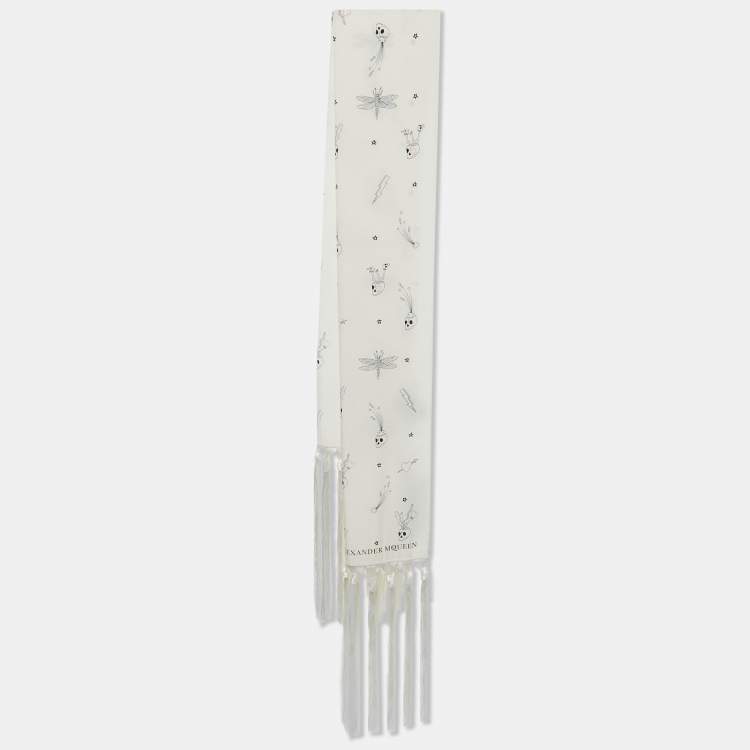 Pre Owned Alexander McQueen Off White Party Skull Printed Silk Fringed Stole