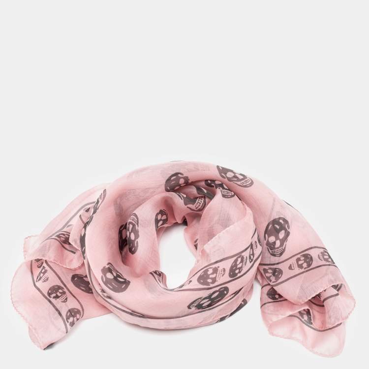 Pre Owned Alexander McQueen Pink Skull Print Silk Chiffon Scarf