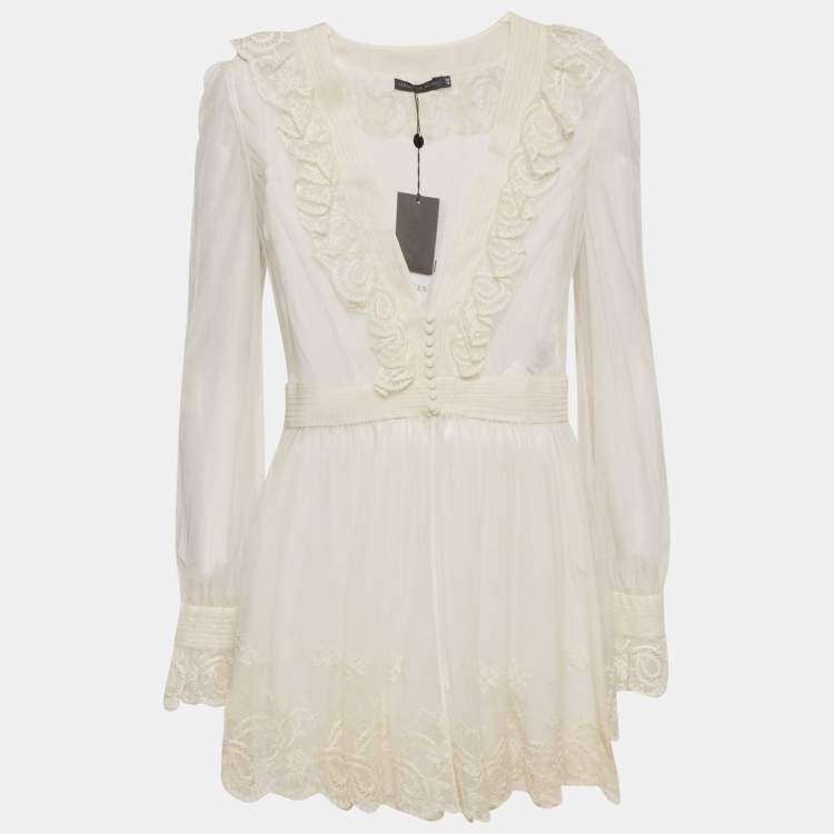 مملوكة مسبقًا Alexander McQueen Off White Embroidered Tulle Sheer Tunic L
