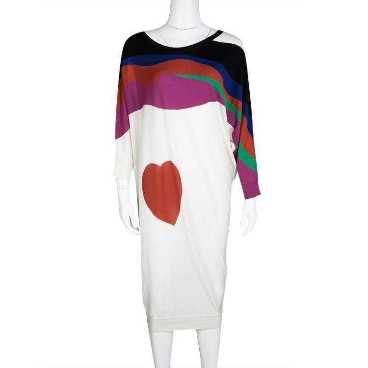 Pre Owned Alexander McQueen Multicolor Heart Intarsia Wool Dolman Sleeve Tunic Dress L