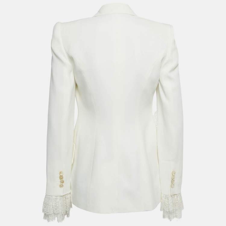 Pre Owned Alexander McQueen White Lace Trim Flared Sleeve Crepe Blazer S