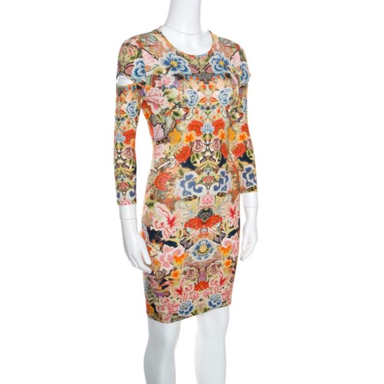 Pre Owned Alexander McQueen Floral Printed  Jersey Cutout Sleeve Detail Bodycon Dress S
