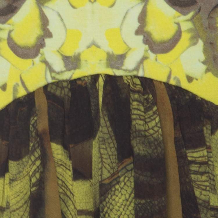 Pre Owned McQ by Alexander McQueen Yellow & Brown Digital Print Jersey & Silk Dress XL