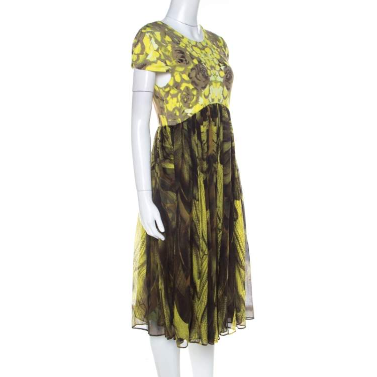 Pre Owned McQ by Alexander McQueen Yellow & Brown Digital Print Jersey & Silk Dress XL