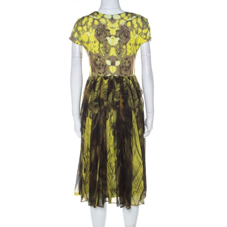 Pre Owned McQ by Alexander McQueen Yellow & Brown Digital Print Jersey & Silk Dress XL
