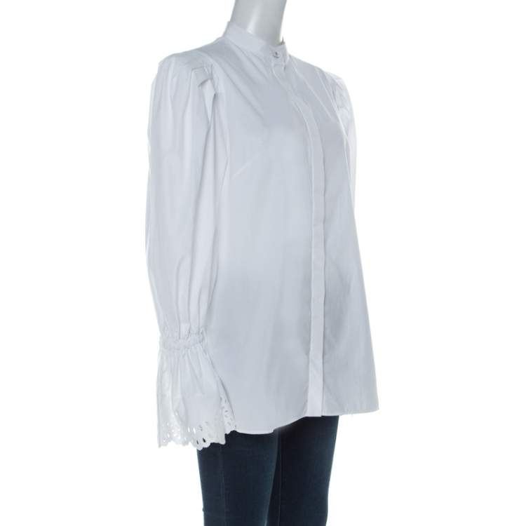 Pre Owned Alexander McQueen White Cotton Broderie Anglaise Cuffed Bell Sleeve Detail Front Button Shirt M