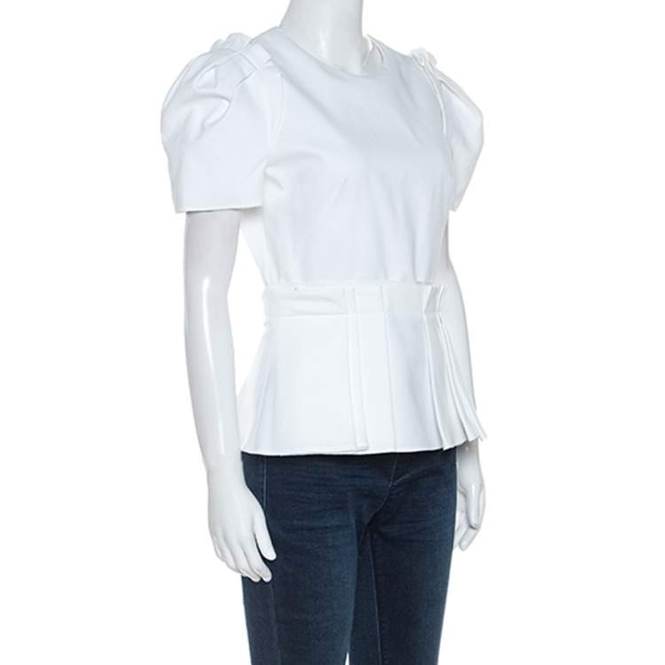 Pre Owned Alexander McQueen White Pique Cotton Short Sleeve Peplum Top M