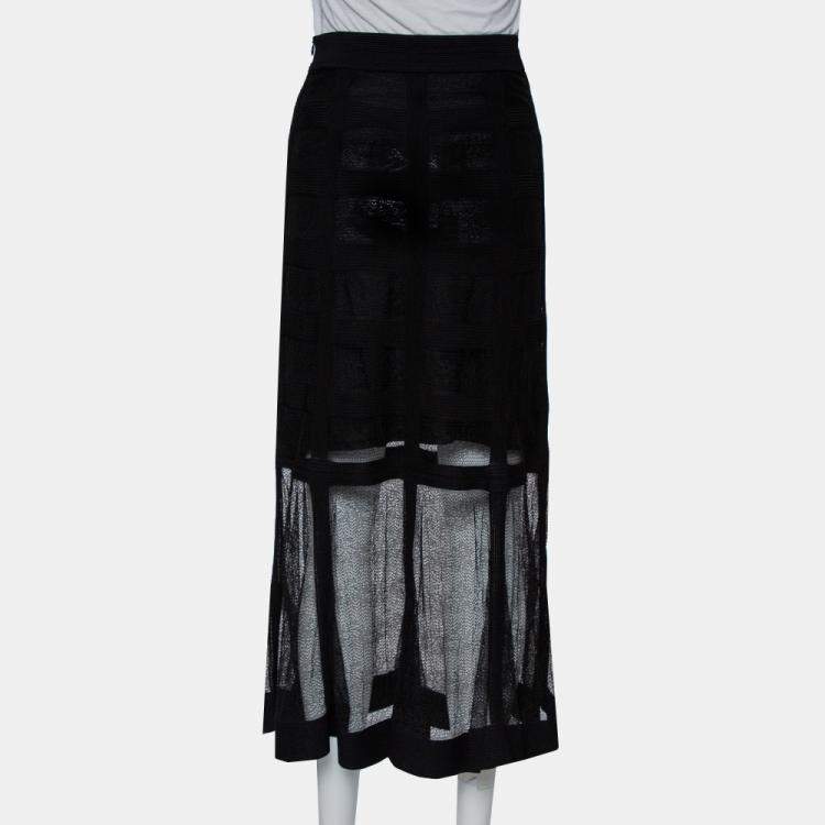 Pre Owned Alexander McQueen Black Patterned Silk Knit Midi Skirt M